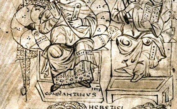 کنستانتین در حال سوزاندن کتاب‌های آریوس نقاشی سال ۸۲۵ میلادی
